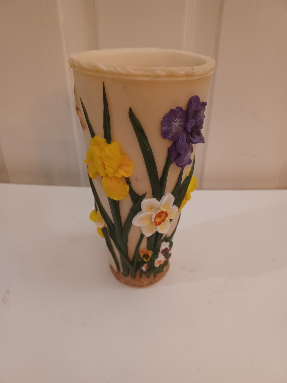 Vintage 3D Floral Ceramic Vase Raised Daffodil Iris Dragonfly Cottagecore 7.75"